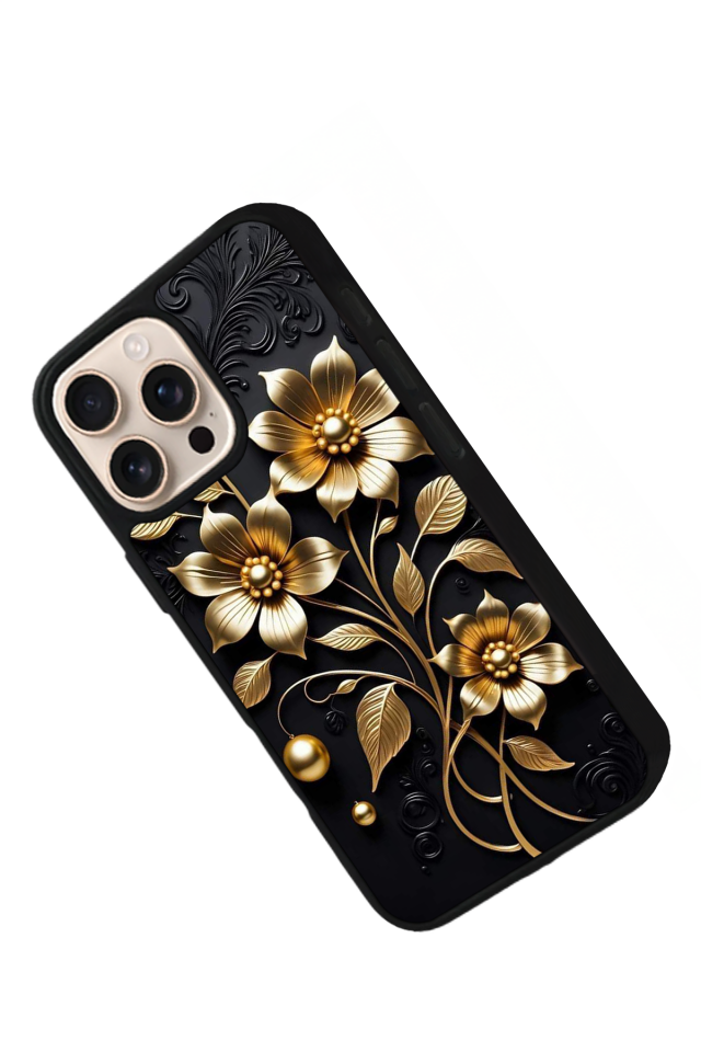 iPhone 16 Pro Max Uyumlu Yaldizli Cicek Tasarımlı Glossy Premium Kılıf