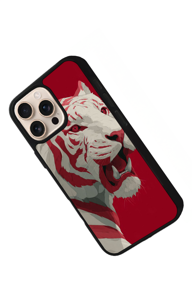 iPhone 16 Pro Max Uyumlu Kirmizi ve Kaplan Tasarımlı Glossy Premium Kılıf
