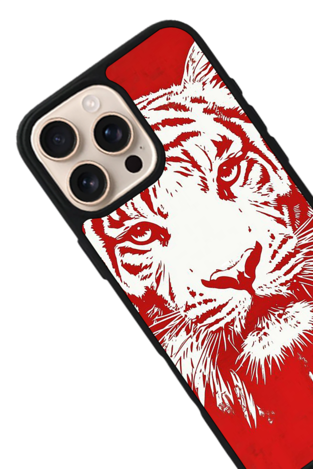 iPhone 16 Pro Max Uyumlu Kirmizi ve Kaplan Tasarımlı Glossy Premium Kılıf