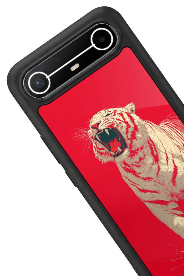 Tecno Spark Slim 5G Uyumlu Kirmizi ve Kaplan Tasarımlı Glossy Premium Kılıf