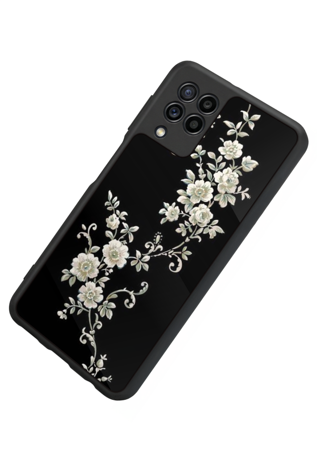 Samsung Galaxy M32 Uyumlu Yaldizli Cicek Tasarımlı Glossy Premium Kılıf