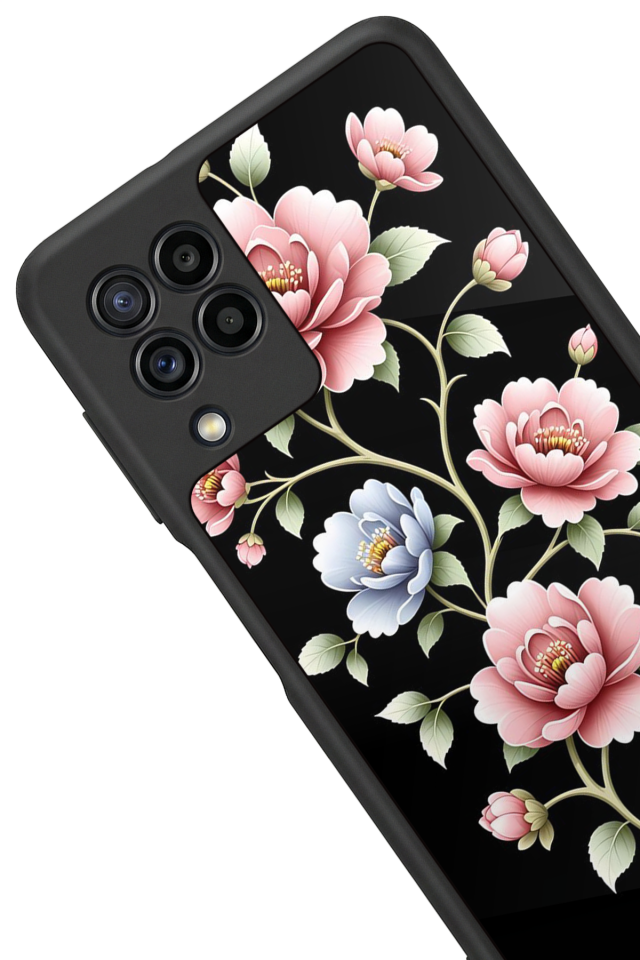 Samsung Galaxy M32 Uyumlu Yaldizli Cicek Tasarımlı Glossy Premium Kılıf