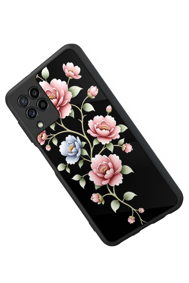 Samsung Galaxy M32 Uyumlu Yaldizli Cicek Tasarımlı Glossy Premium Kılıf
