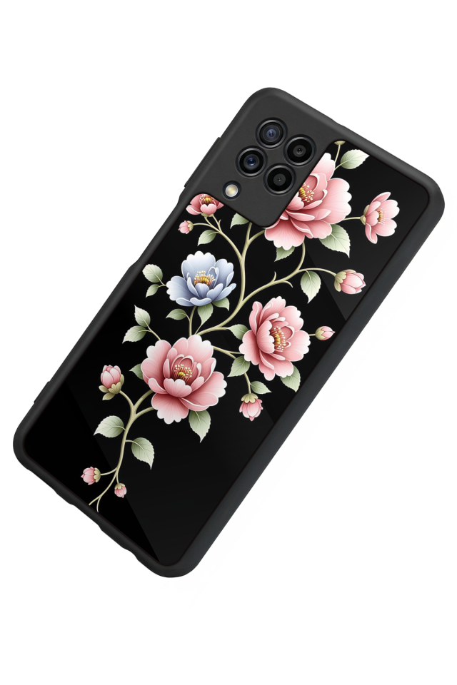 Samsung Galaxy M32 Uyumlu Yaldizli Cicek Tasarımlı Glossy Premium Kılıf