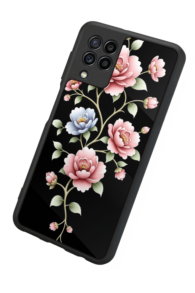 Samsung Galaxy M32 Uyumlu Yaldizli Cicek Tasarımlı Glossy Premium Kılıf