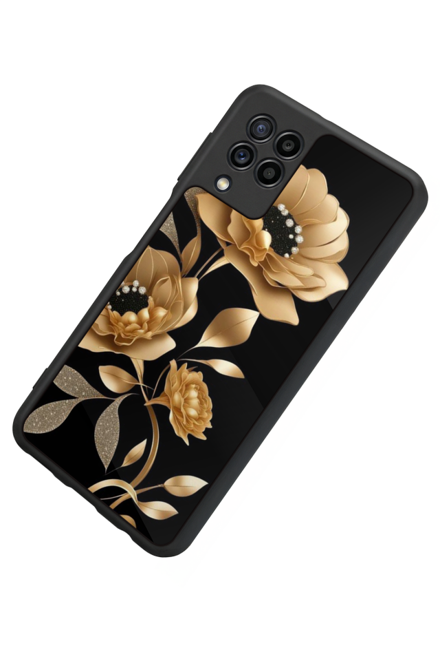 Samsung Galaxy M32 Uyumlu Yaldizli Cicek Tasarımlı Glossy Premium Kılıf