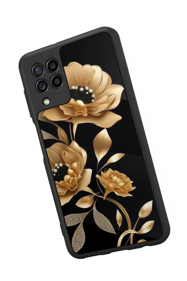 Samsung Galaxy M32 Uyumlu Yaldizli Cicek Tasarımlı Glossy Premium Kılıf