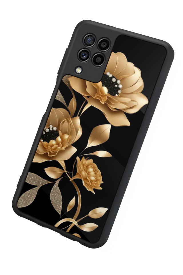 Samsung Galaxy M32 Uyumlu Yaldizli Cicek Tasarımlı Glossy Premium Kılıf