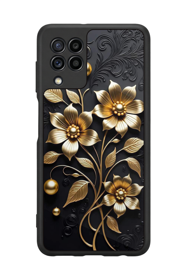 Samsung Galaxy M32 Uyumlu Yaldizli Cicek Tasarımlı Glossy Premium Kılıf