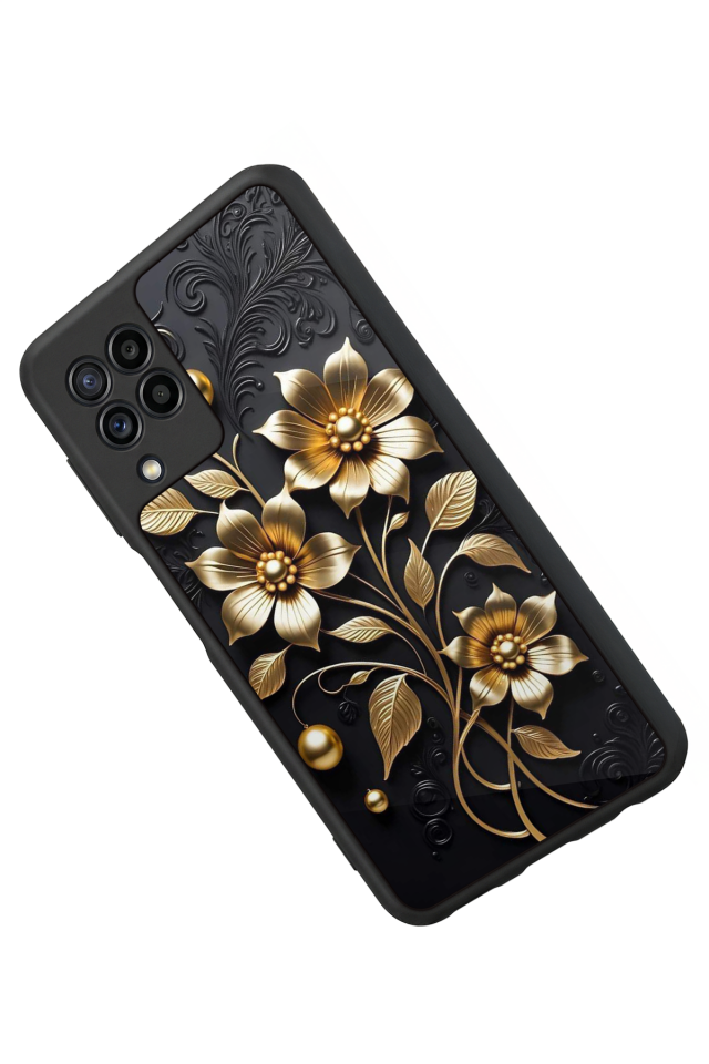 Samsung Galaxy M32 Uyumlu Yaldizli Cicek Tasarımlı Glossy Premium Kılıf