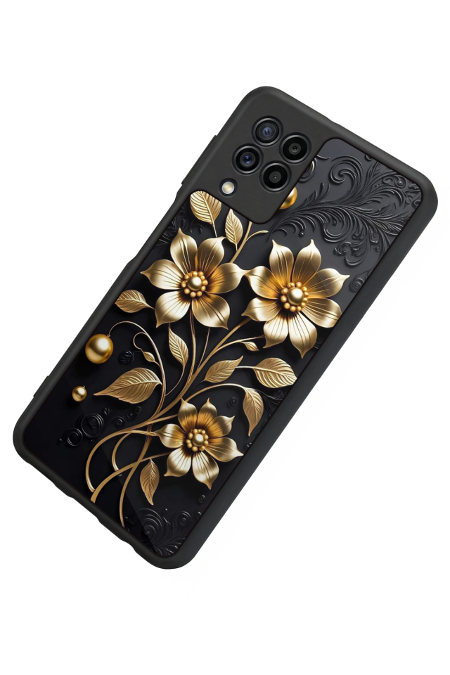 Samsung Galaxy M32 Uyumlu Yaldizli Cicek Tasarımlı Glossy Premium Kılıf