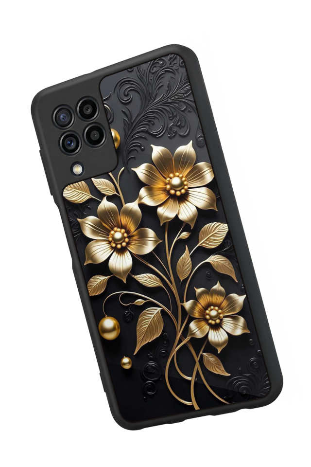 Samsung Galaxy M32 Uyumlu Yaldizli Cicek Tasarımlı Glossy Premium Kılıf