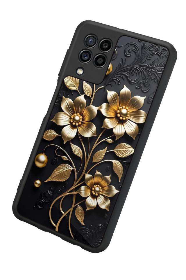 Samsung Galaxy M32 Uyumlu Yaldizli Cicek Tasarımlı Glossy Premium Kılıf