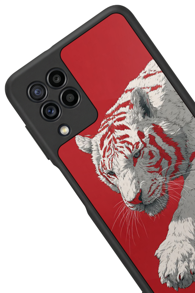 Samsung Galaxy M32 Uyumlu Kirmizi ve Kaplan Tasarımlı Glossy Premium Kılıf
