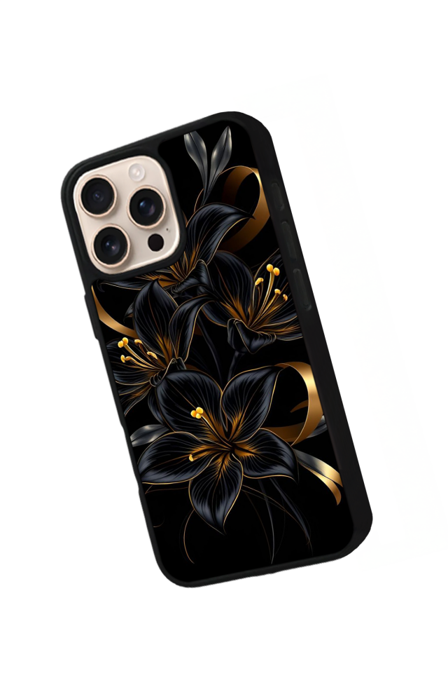 iPhone 16 Pro Uyumlu Yaldizli Cicek Tasarımlı Glossy Premium Kılıf