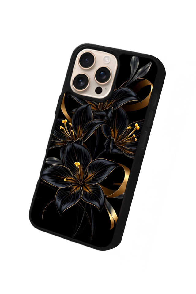 iPhone 16 Pro Uyumlu Yaldizli Cicek Tasarımlı Glossy Premium Kılıf