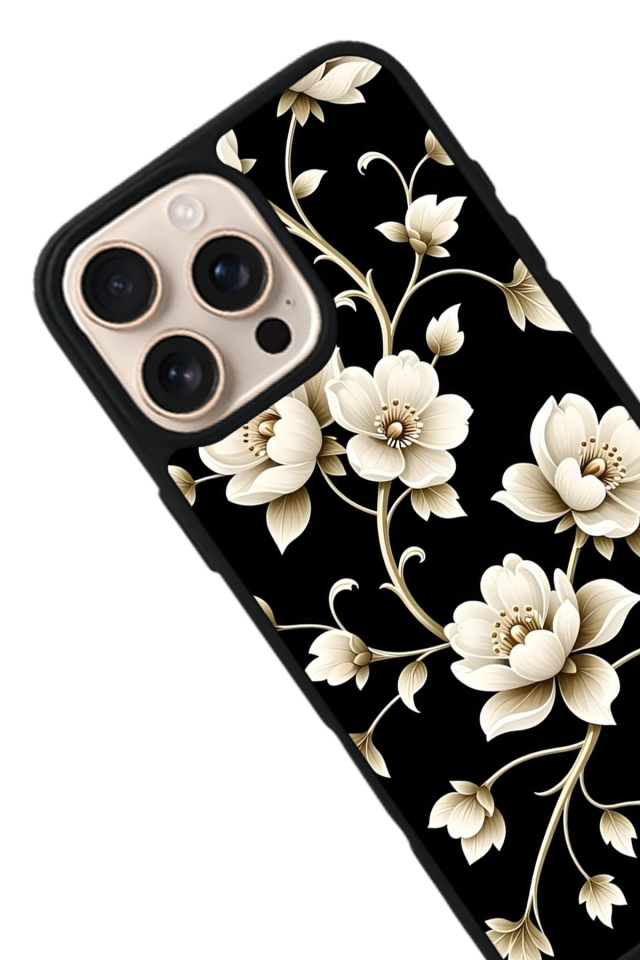 iPhone 16 Pro Uyumlu Yaldizli Cicek Tasarımlı Glossy Premium Kılıf