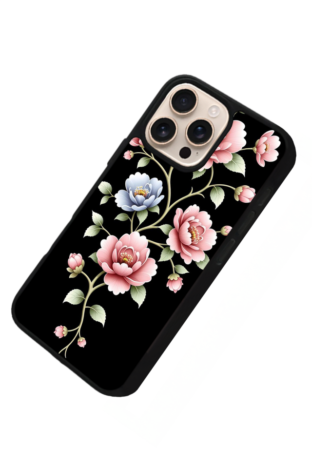 iPhone 16 Pro Uyumlu Yaldizli Cicek Tasarımlı Glossy Premium Kılıf