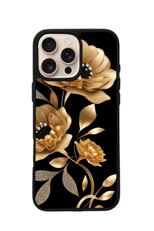 iPhone 16 Pro Uyumlu Yaldizli Cicek Tasarımlı Glossy Premium Kılıf