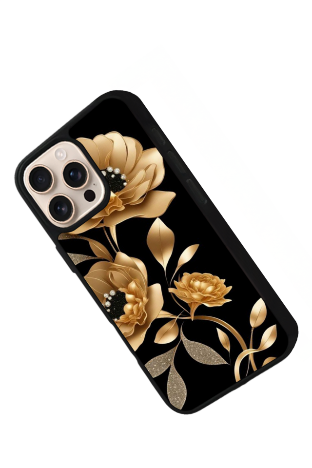 iPhone 16 Pro Uyumlu Yaldizli Cicek Tasarımlı Glossy Premium Kılıf