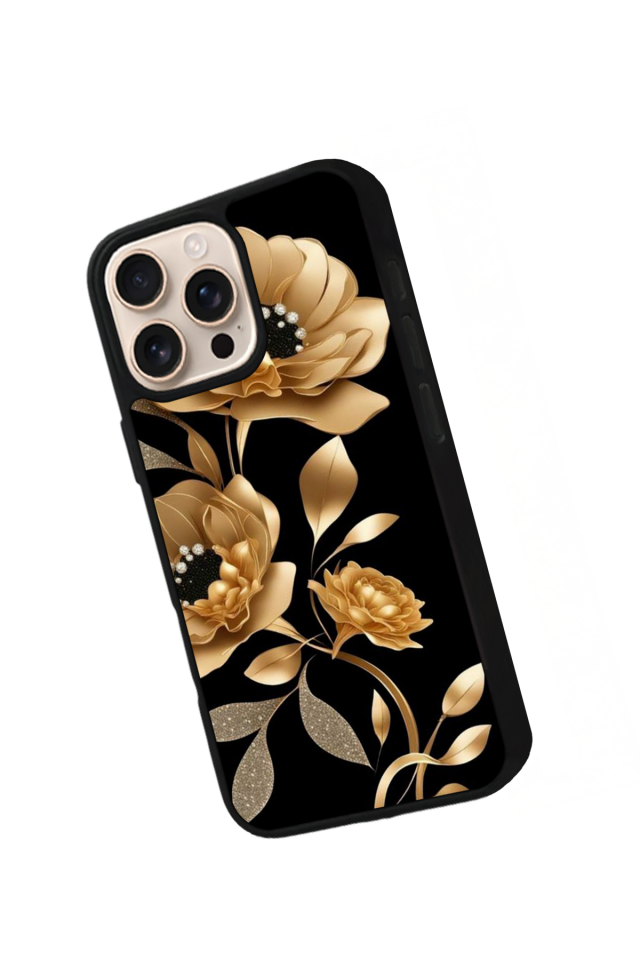 iPhone 16 Pro Uyumlu Yaldizli Cicek Tasarımlı Glossy Premium Kılıf