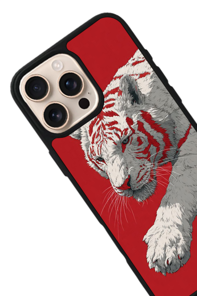 iPhone 16 Pro Uyumlu Kirmizi ve Kaplan Tasarımlı Glossy Premium Kılıf