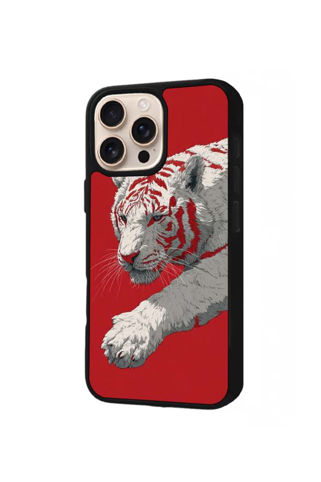 iPhone 16 Pro Uyumlu Kirmizi ve Kaplan Tasarımlı Glossy Premium Kılıf