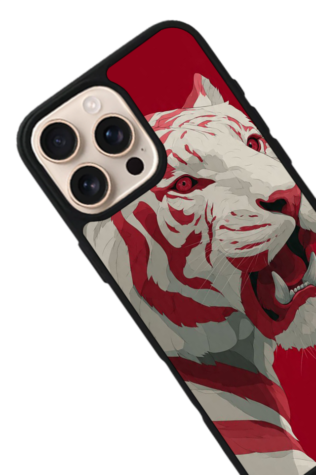 iPhone 16 Pro Uyumlu Kirmizi ve Kaplan Tasarımlı Glossy Premium Kılıf