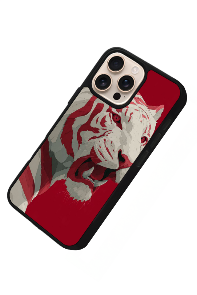 iPhone 16 Pro Uyumlu Kirmizi ve Kaplan Tasarımlı Glossy Premium Kılıf