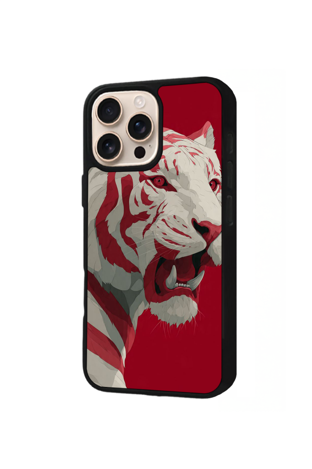 iPhone 16 Pro Uyumlu Kirmizi ve Kaplan Tasarımlı Glossy Premium Kılıf
