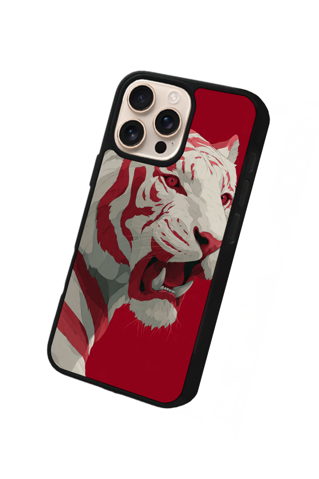 iPhone 16 Pro Uyumlu Kirmizi ve Kaplan Tasarımlı Glossy Premium Kılıf