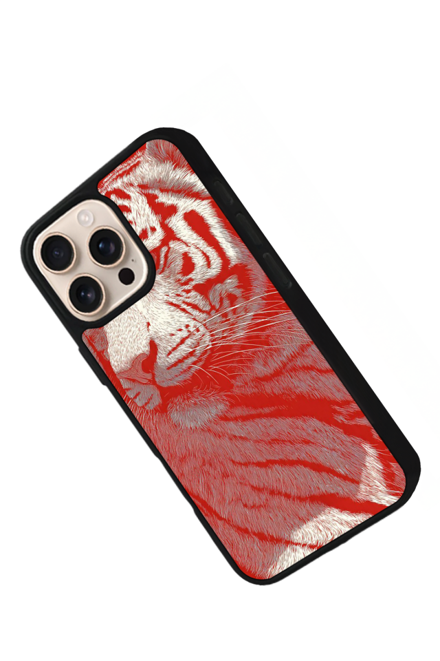 iPhone 16 Pro Uyumlu Kirmizi ve Kaplan Tasarımlı Glossy Premium Kılıf