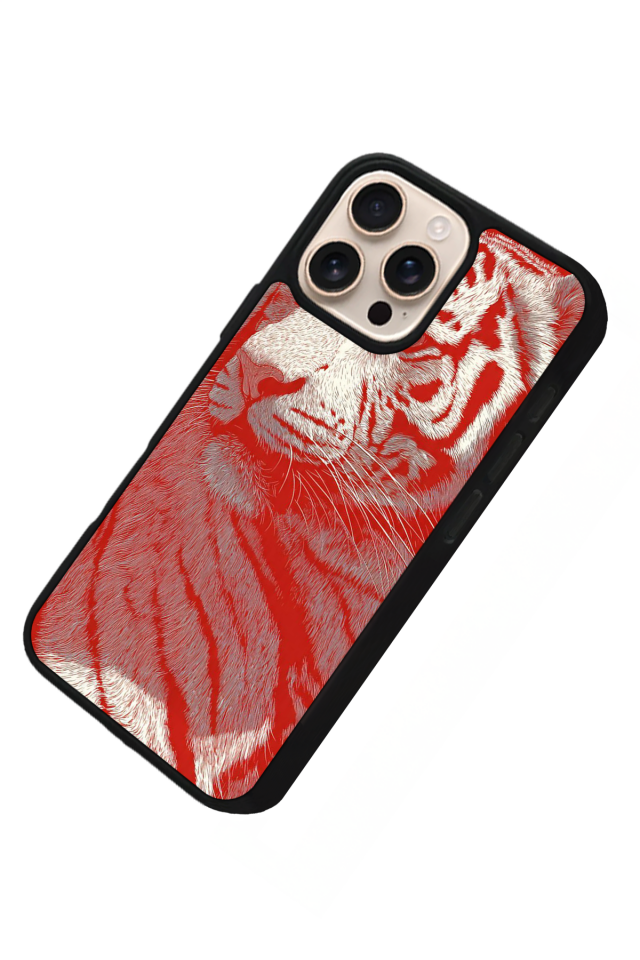 iPhone 16 Pro Uyumlu Kirmizi ve Kaplan Tasarımlı Glossy Premium Kılıf