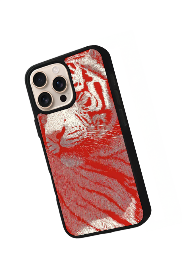 iPhone 16 Pro Uyumlu Kirmizi ve Kaplan Tasarımlı Glossy Premium Kılıf