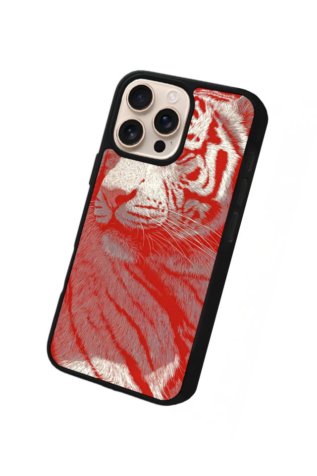 iPhone 16 Pro Uyumlu Kirmizi ve Kaplan Tasarımlı Glossy Premium Kılıf
