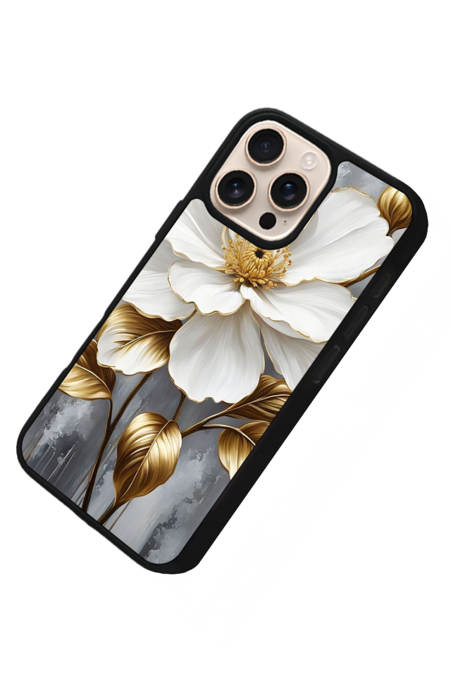 iPhone 15 Pro Max Uyumlu Yaldizli Cicek Tasarımlı Glossy Premium Kılıf