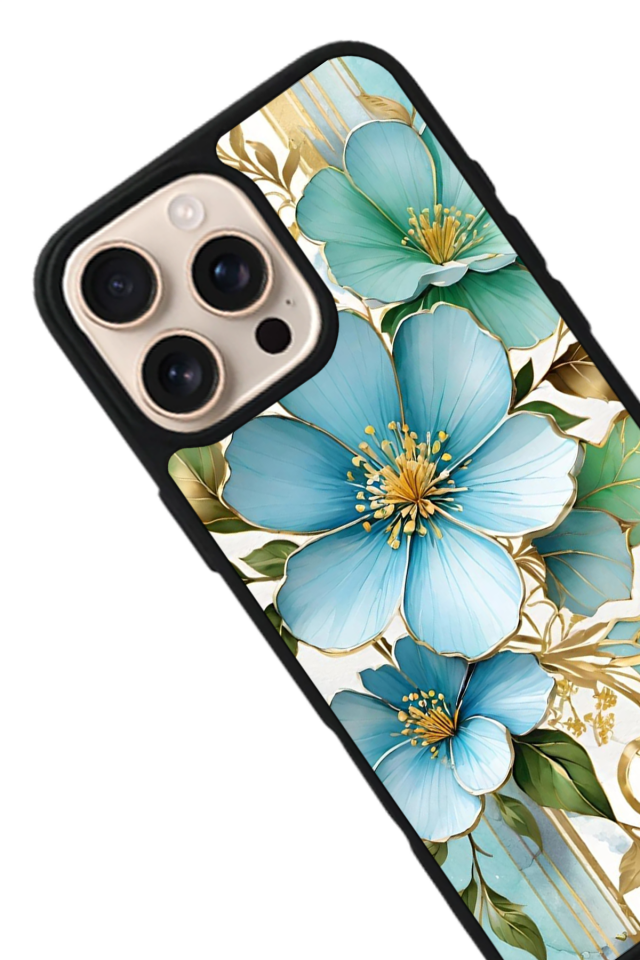 iPhone 15 Pro Max Uyumlu Yaldizli Cicek Tasarımlı Glossy Premium Kılıf